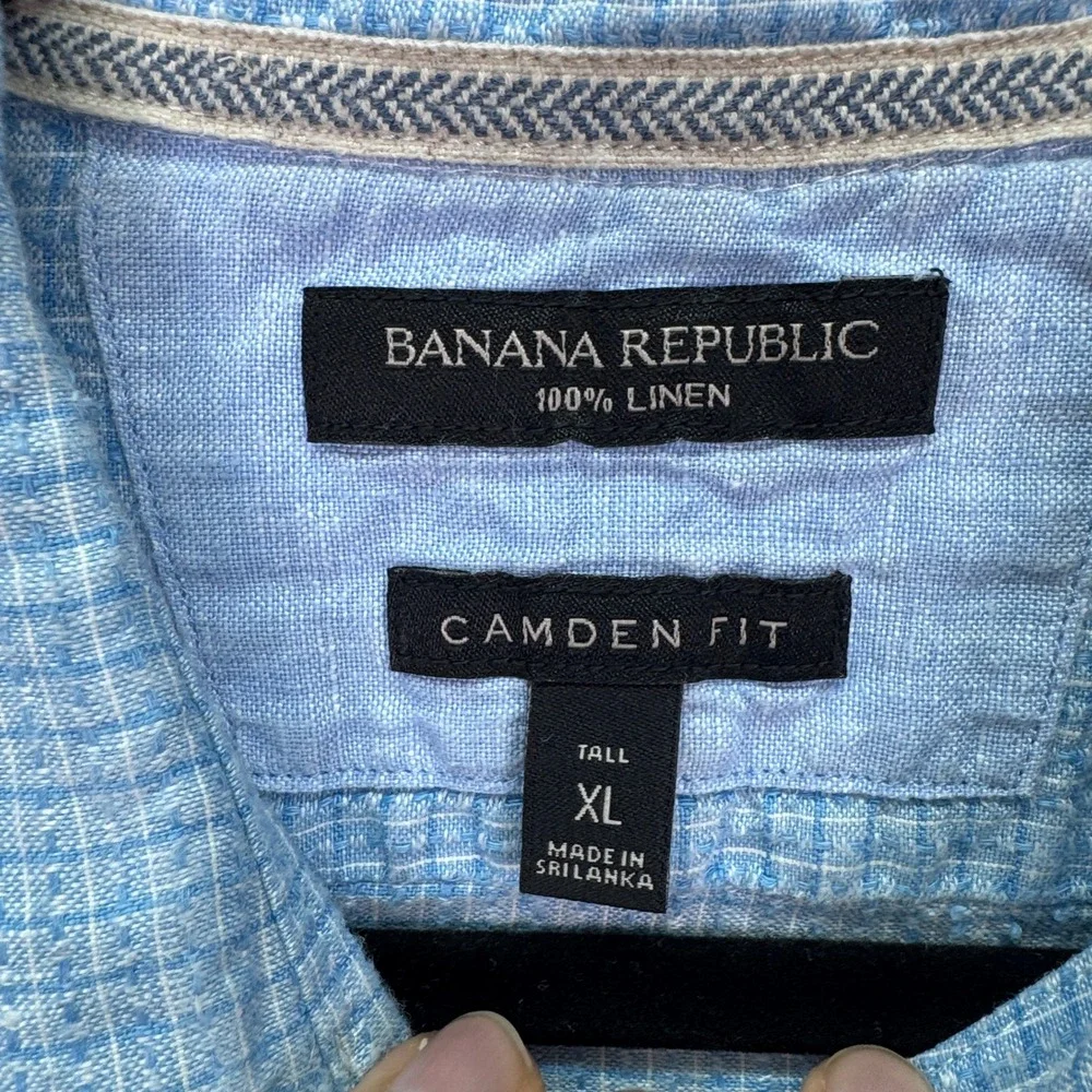 Banana Republic Shirt Men XL Tall Blue Check Camden Fit 100% Linen Button Preppy